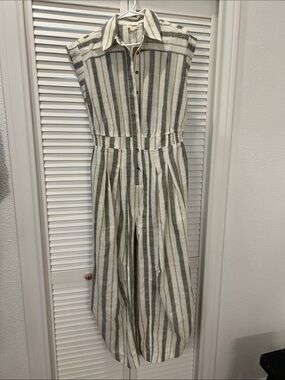 Sleeveless Striped Collared Jumpsuit in Olive & White